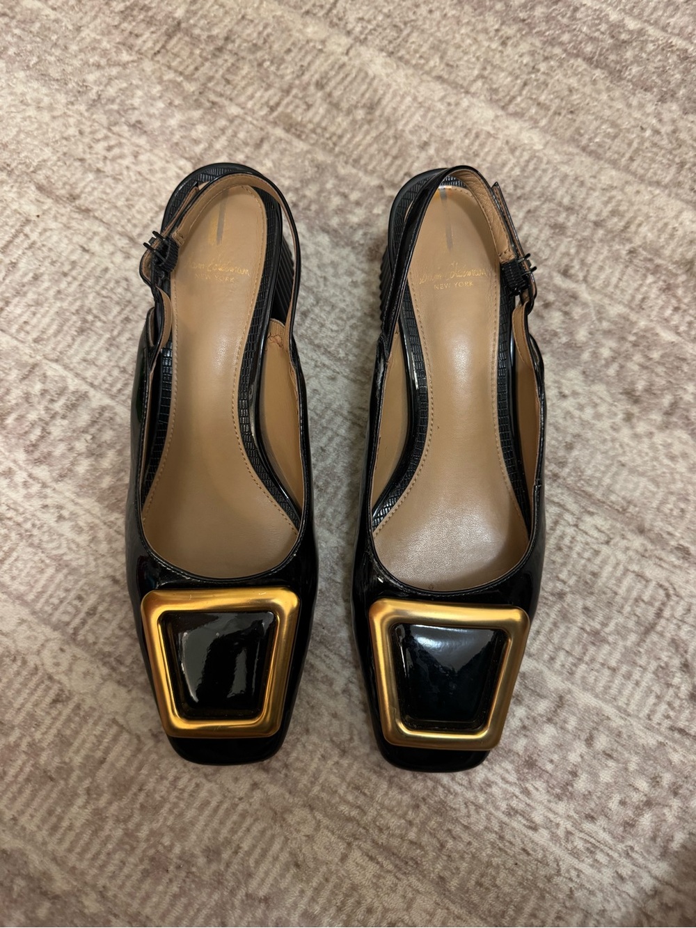 Sam Edelman Black Patent Slingback Pumps with Gold Buckle